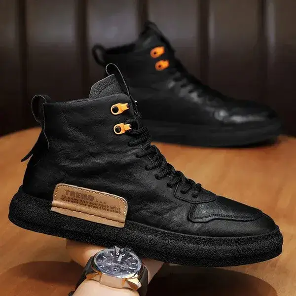 Mens Label PU High-Top Sneakers | Chunky Heel Casual Shoes in Black
