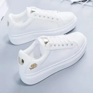 Hookhousehold Women Casual Fashion Rose Embroidery Thick-Soled Comfortable PU Leather White Sneakers